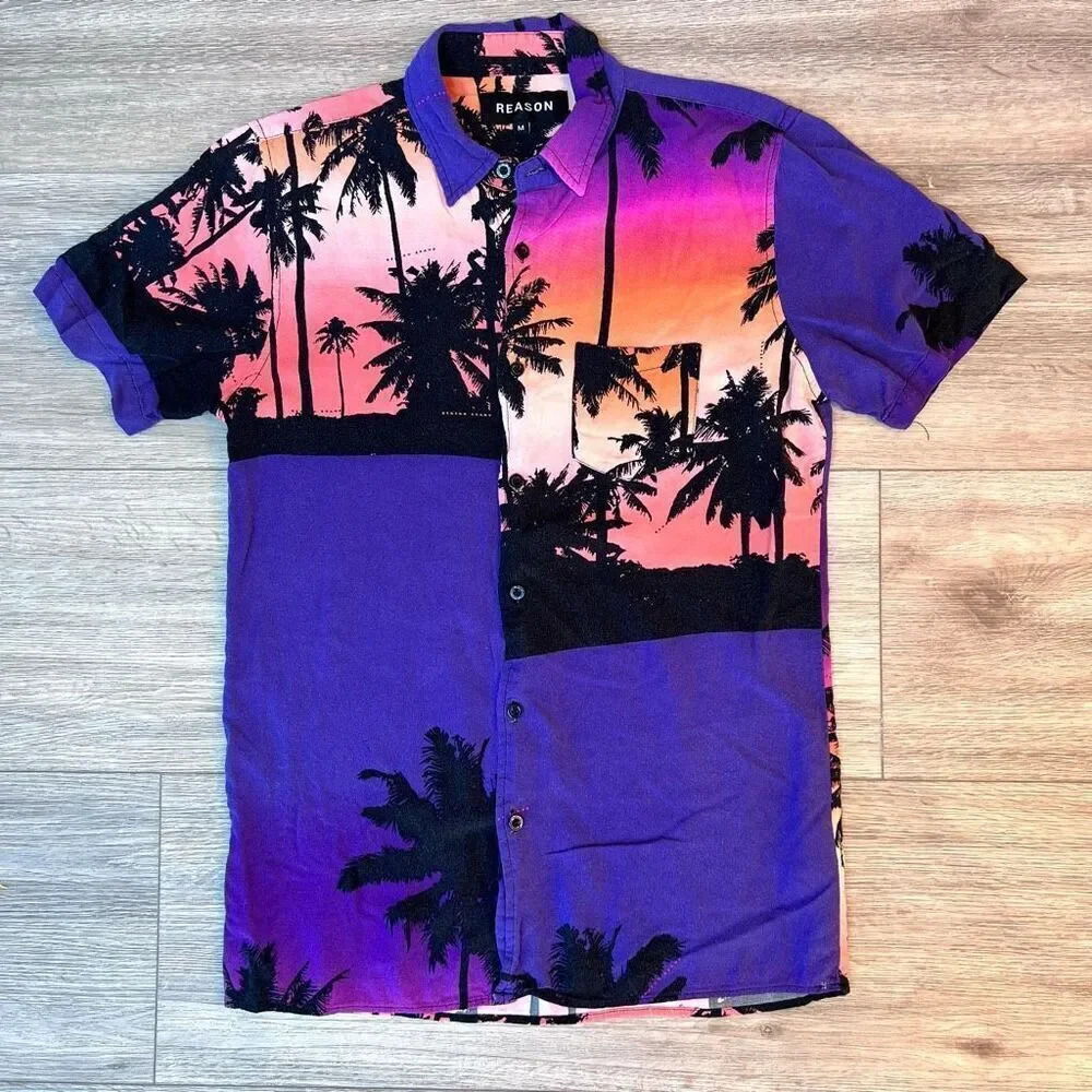 Reason Men Multicolor Hawaiian Short Sleeve Button Down‎ Shirt Size Medium